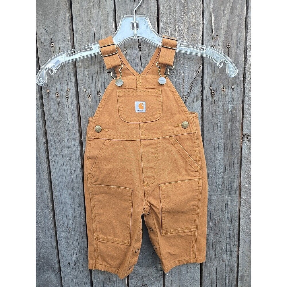 Carhartt Youth Bib Overalls Unlined DBL Knee Zip Kids Brown Work Canvas SZ 3M
